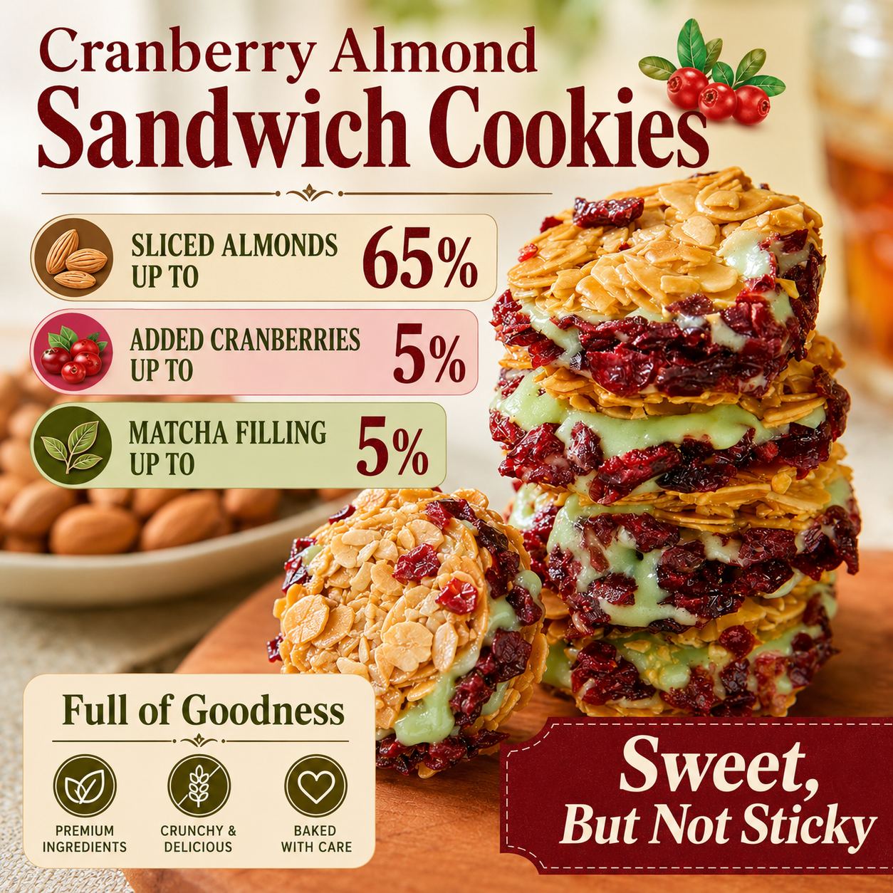 Cranberry & Matcha Crispy Sandwich Cookies