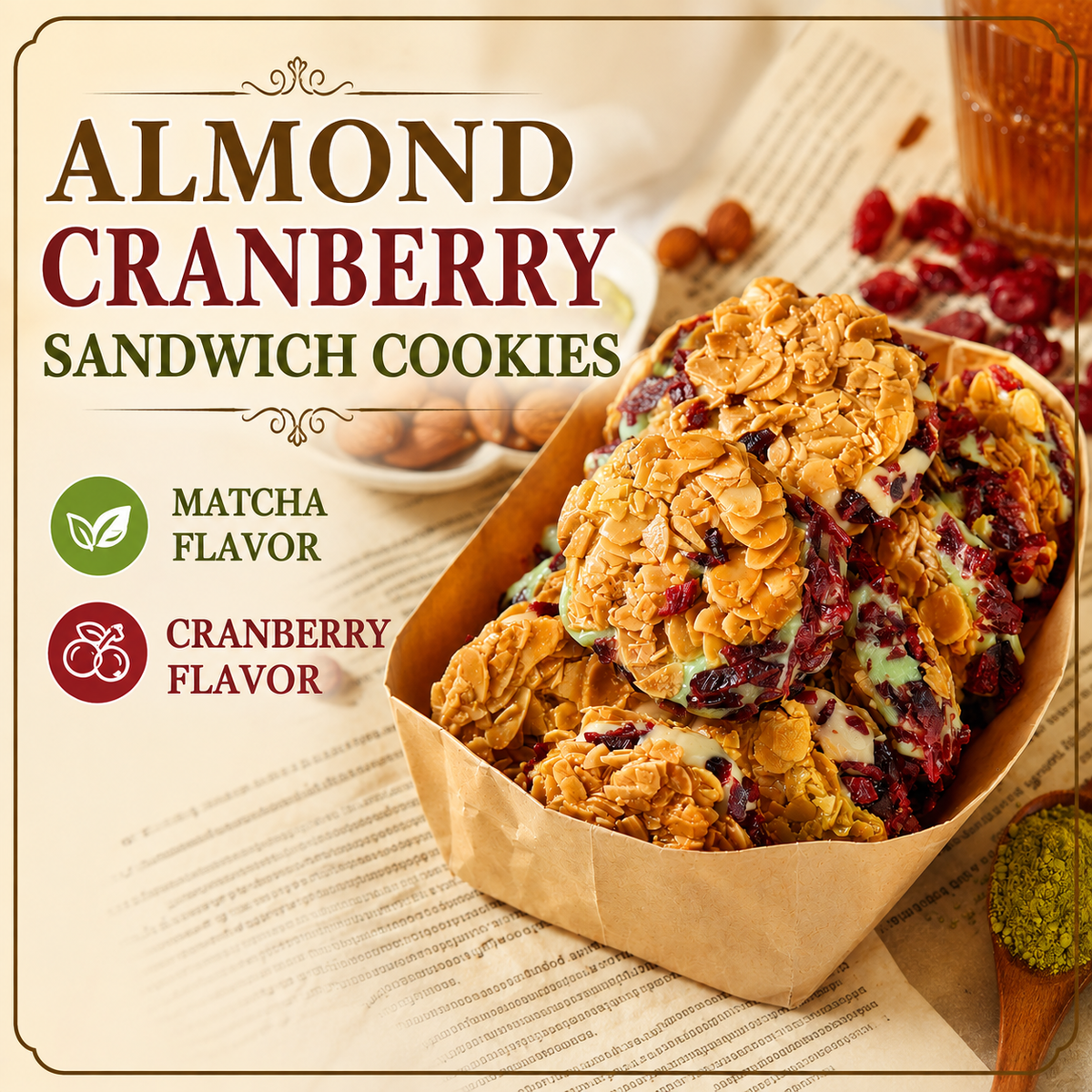 Cranberry & Matcha Crispy Sandwich Cookies